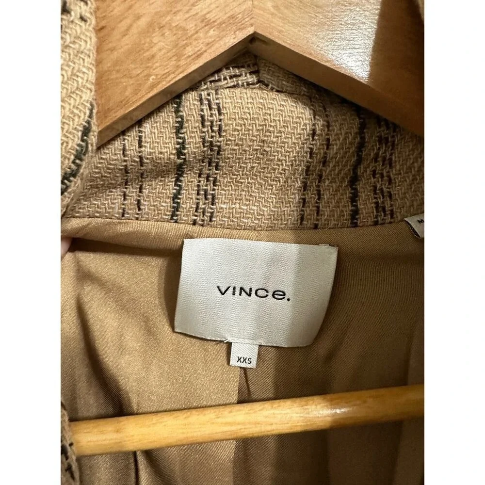 Quiet Luxury Vince‎ Plaid Wool Blend Open Front Coat Tan Black XXS V675791302